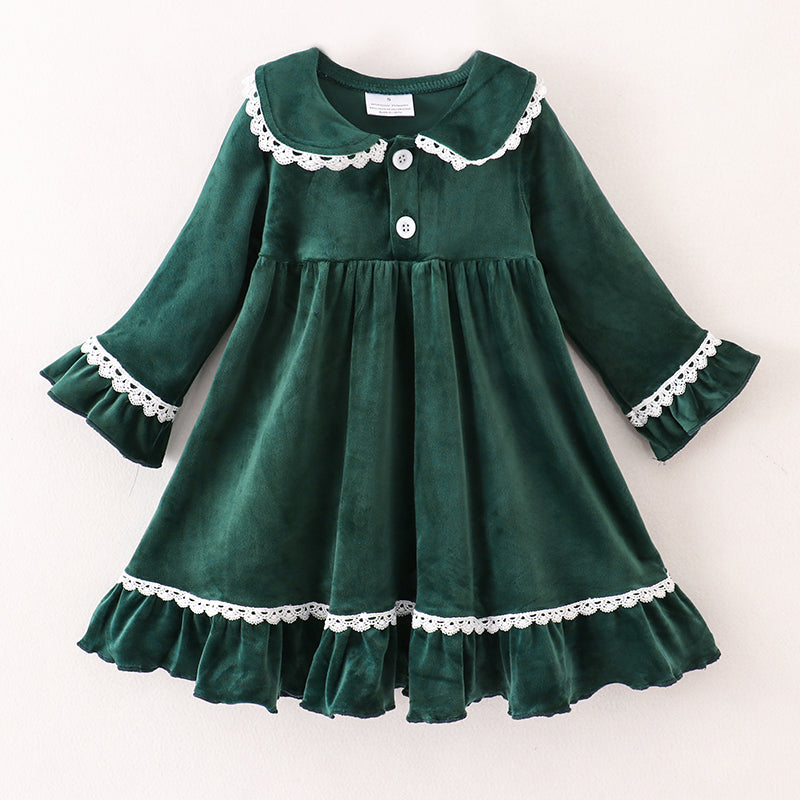 （In Stock G33-1-2）Girls Christmas Green Velvet Dress