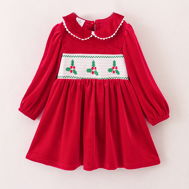 （In Stock E1-2-2）Girls Christmas Embroidery Smocked Velvet Dress