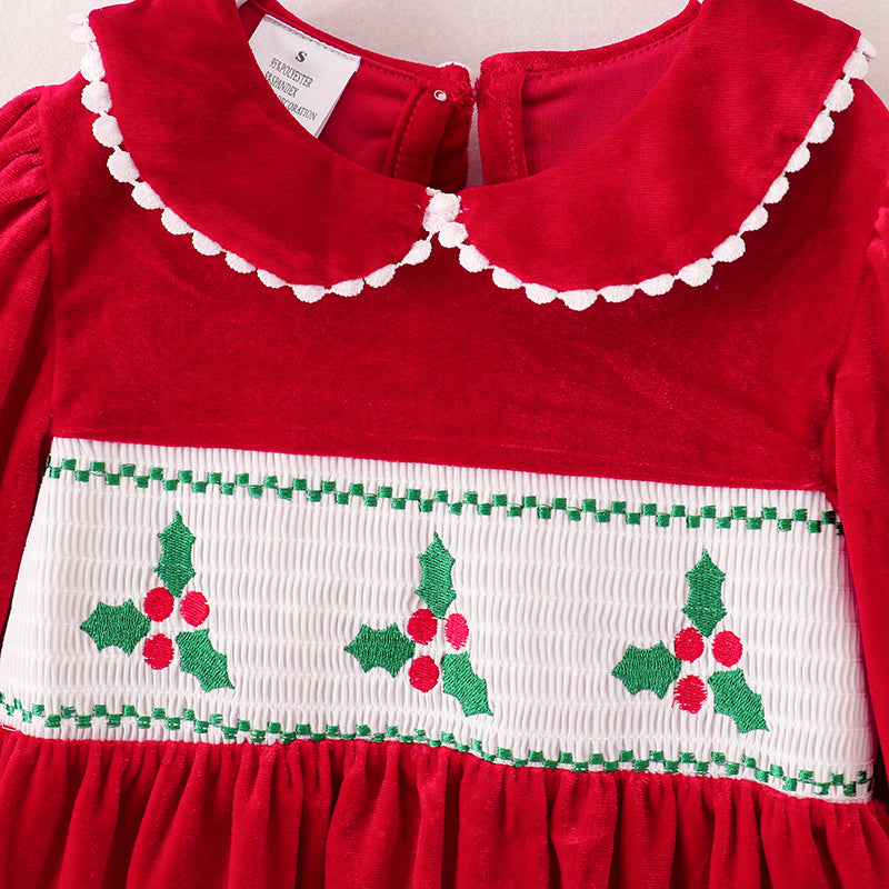 （In Stock E1-2-2）Girls Christmas Embroidery Smocked Velvet Dress