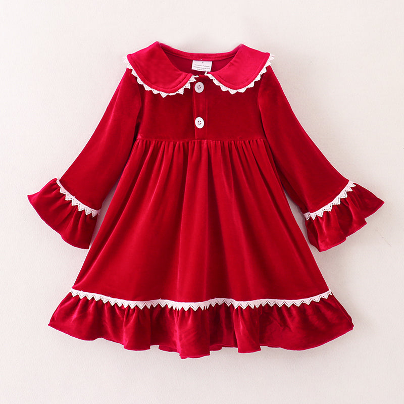 （In Stock E1-2-3）Girls Christmas Red Velvet Dress