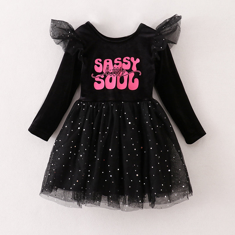 （In Stock E21-4-1）Girls Black Velvet Top Tulle Dress