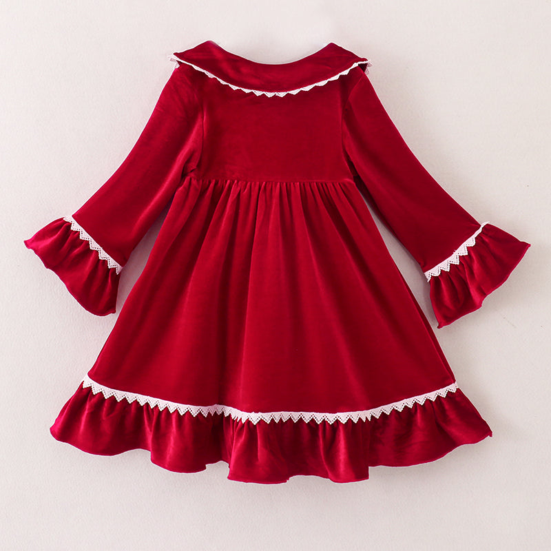 （In Stock E1-2-3）Girls Christmas Red Velvet Dress