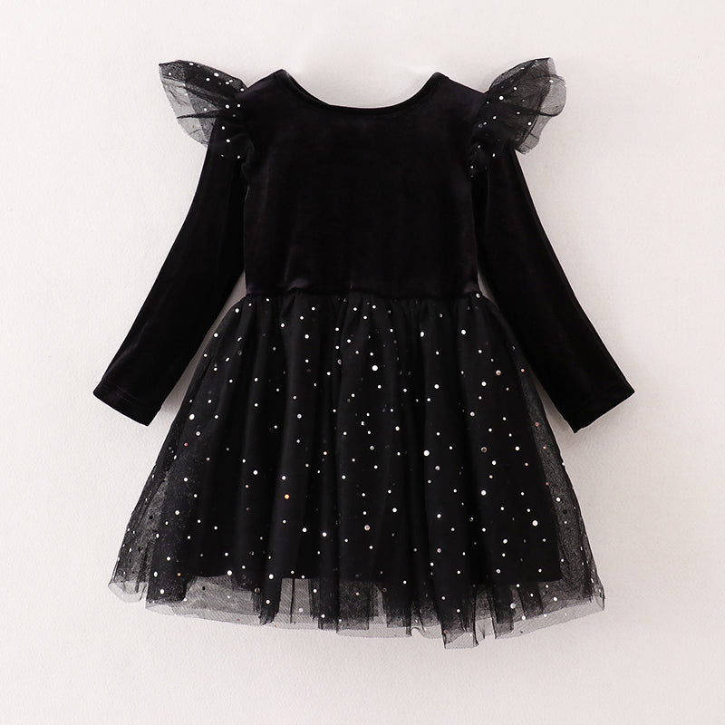 （In Stock E21-4-1）Girls Black Velvet Top Tulle Dress