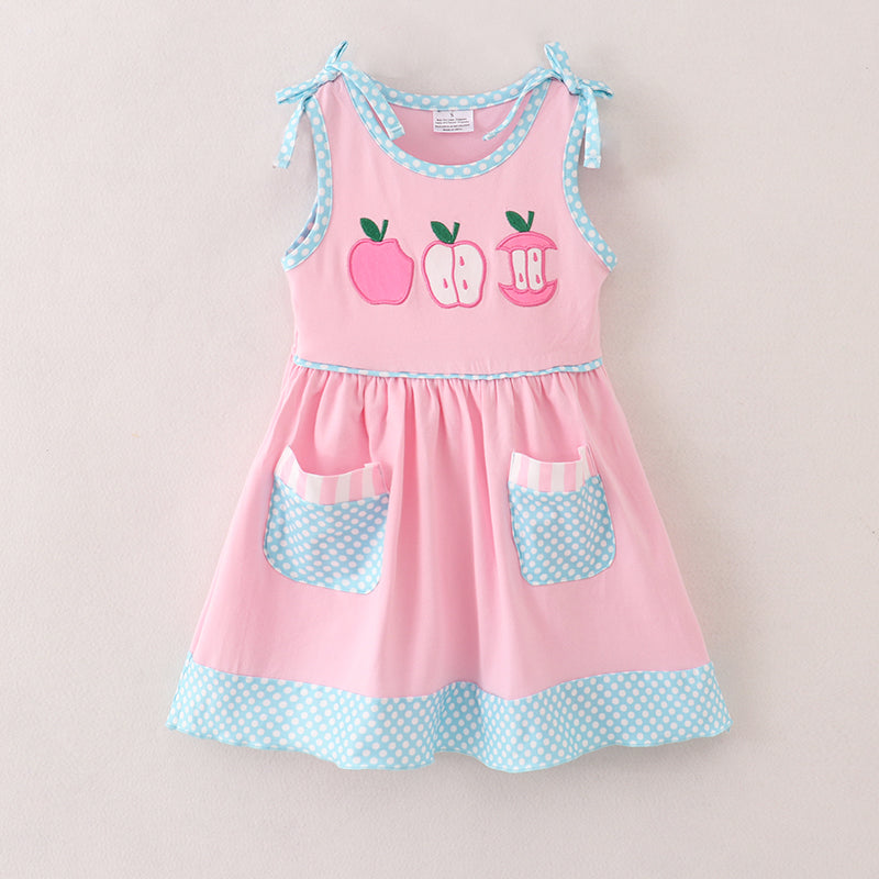 （In Stock E11-2-1）Back To School Pink Apple Embroidery Dress