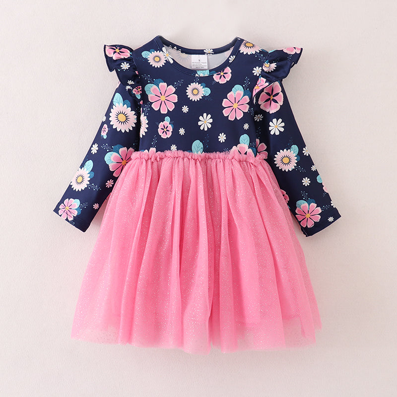 （In Stock E3-4-2）Girls Floral Print Pink Tulle Dress