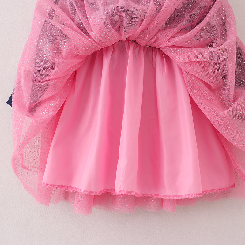 （In Stock E3-4-2）Girls Floral Print Pink Tulle Dress