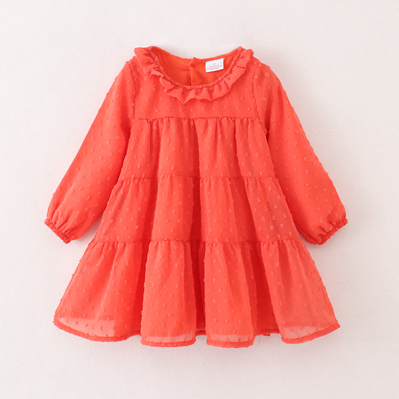 （In Stock E21-1-2）Fall Girls Coral Swiss Dot Dress