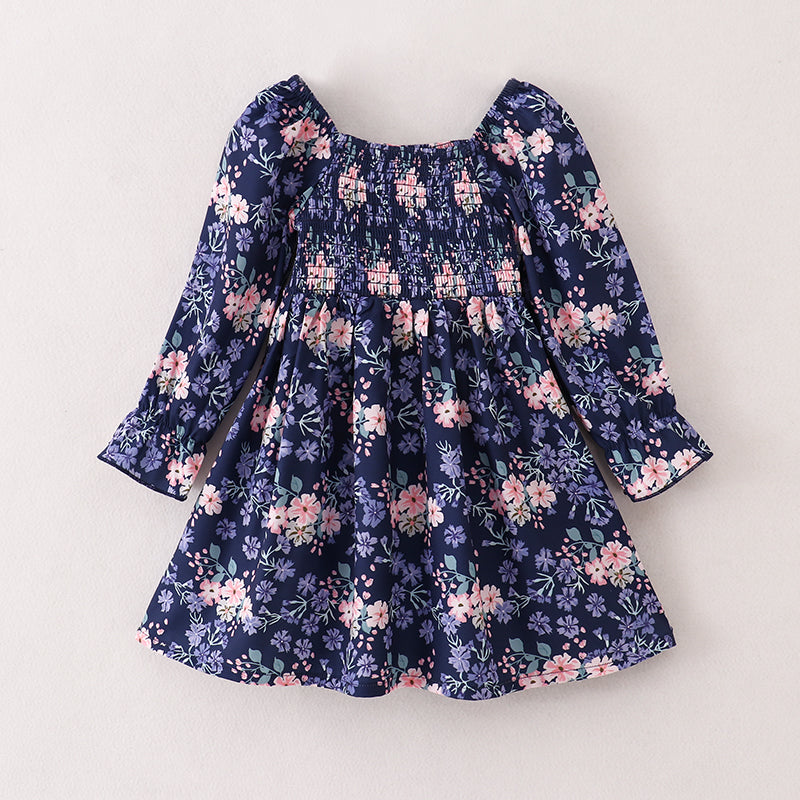 (In Stock E33-1-2)Girls Fall Floral Print Smocked Dress