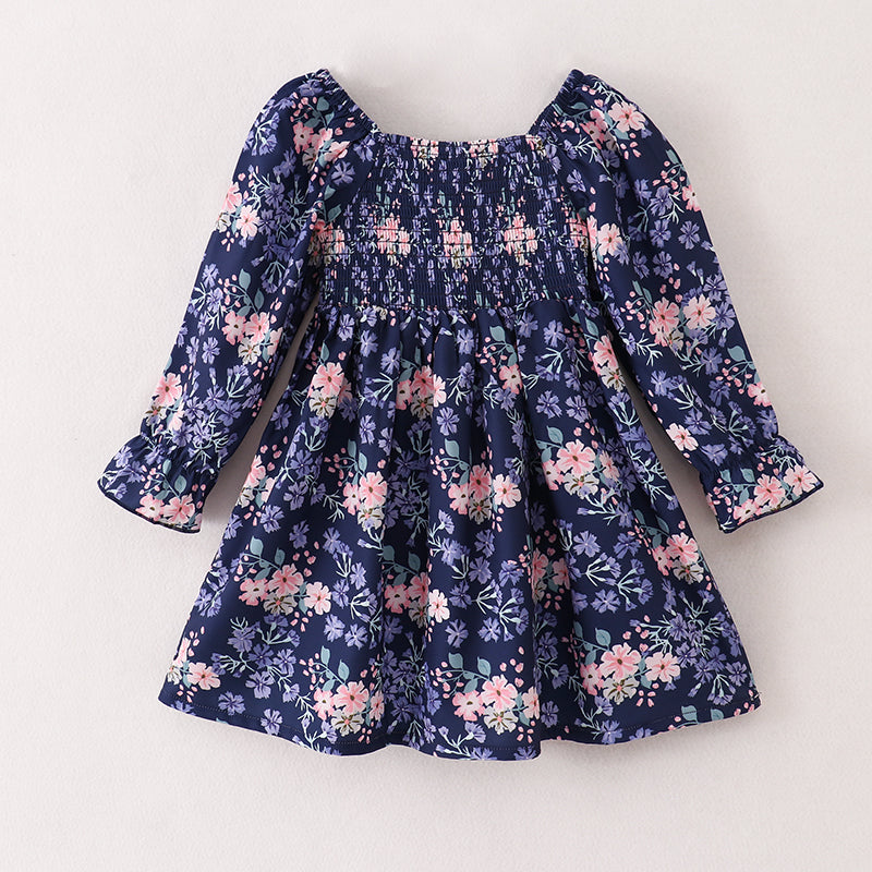 (In Stock E33-1-2)Girls Fall Floral Print Smocked Dress