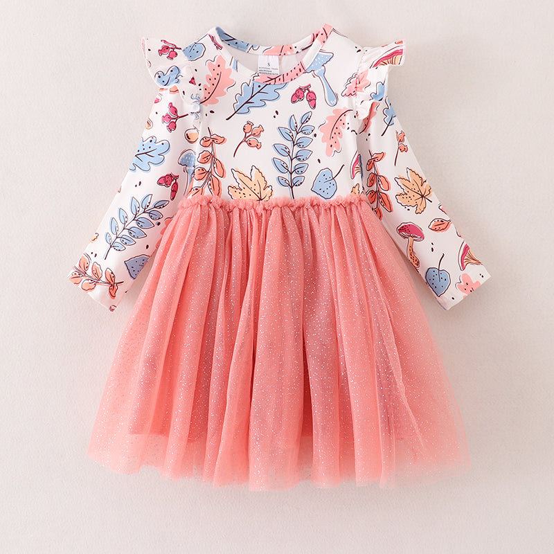 （In Stock E3-4-2）Girls Floral Print Coral Tulle Dress