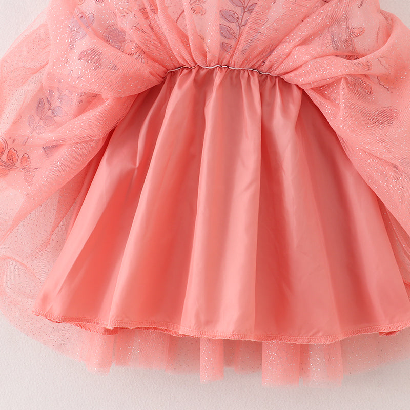 （In Stock E3-4-2）Girls Floral Print Coral Tulle Dress