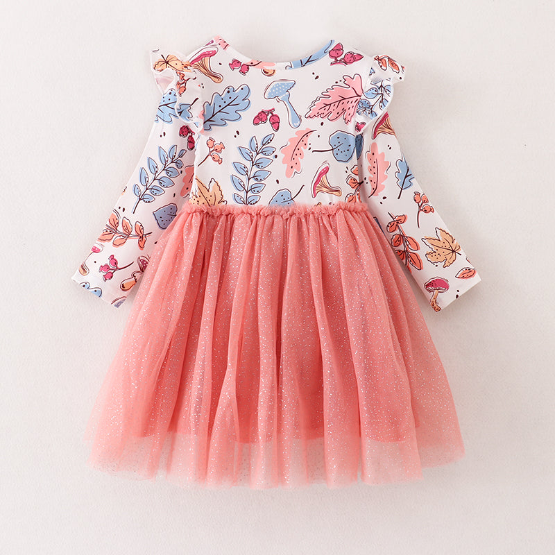 （In Stock E3-4-2）Girls Floral Print Coral Tulle Dress