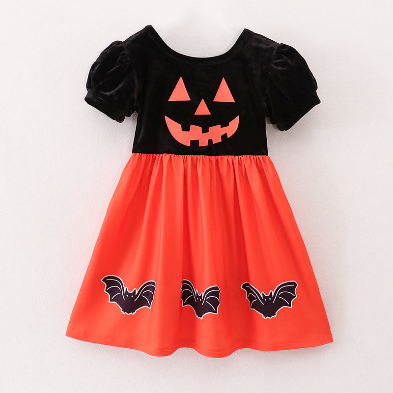 （In Stock E30-4-3）Girls Halloween Print Velvet Dress