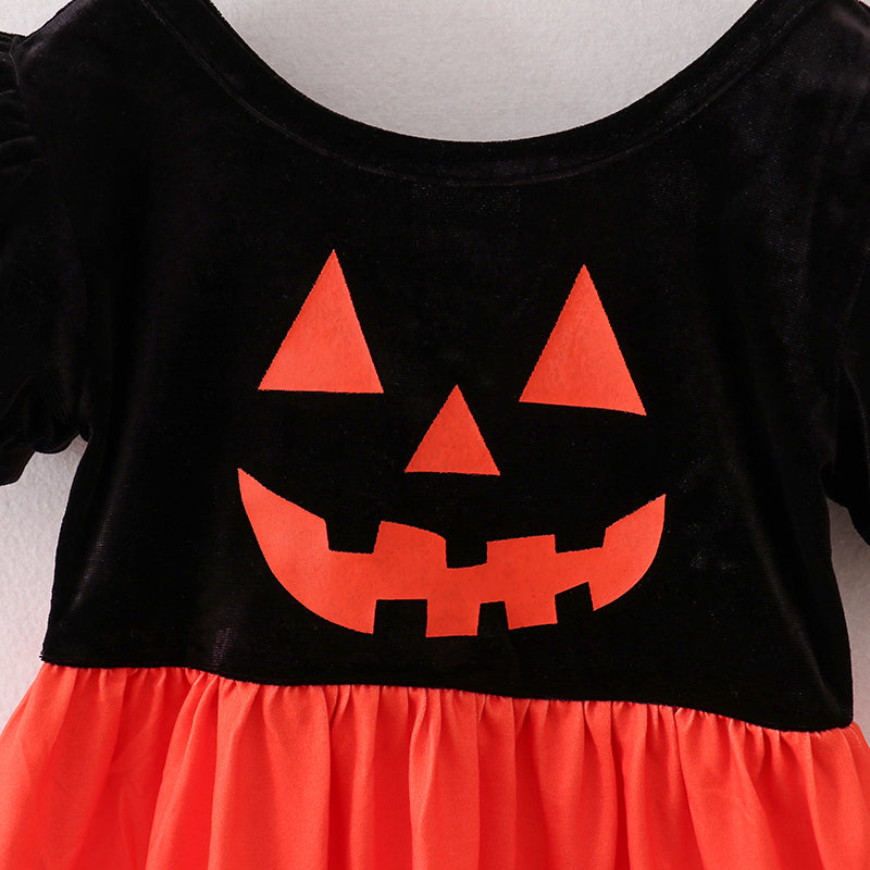 （In Stock E30-4-3）Girls Halloween Print Velvet Dress