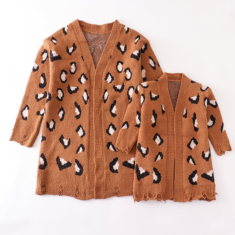 （In Stock Q07-01-01）Mommy and Me Leopard Brown Sweater Cardigan