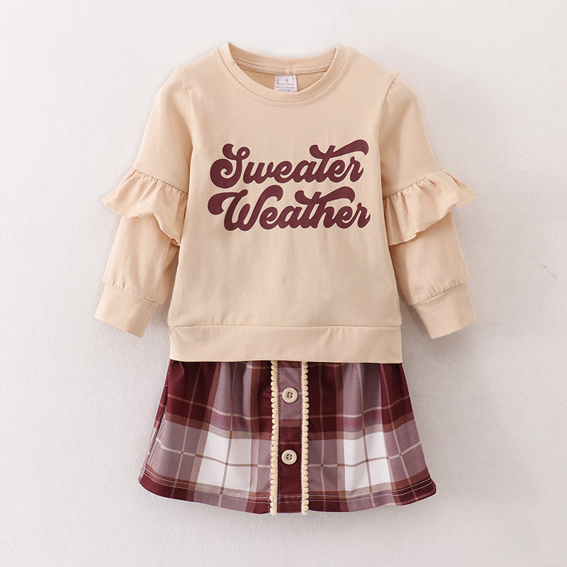 （In Stock E25-3-3）Girls Beige Top Plaid Skirt Set