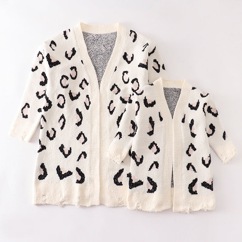 （In Stock L17-2-1）Mommy and Me Leopard White Sweater Cardigan