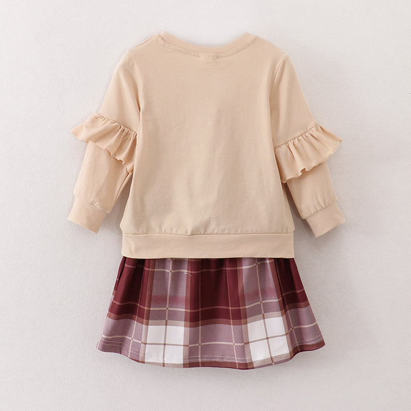 （In Stock E25-3-3）Girls Beige Top Plaid Skirt Set