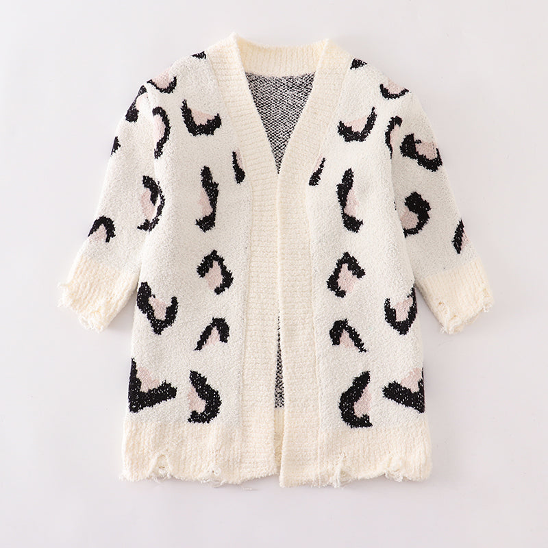 （In Stock L17-2-1）Mommy and Me Leopard White Sweater Cardigan