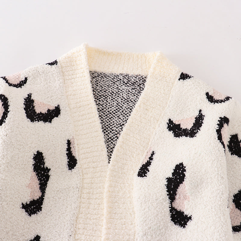 （In Stock L17-2-1）Mommy and Me Leopard White Sweater Cardigan