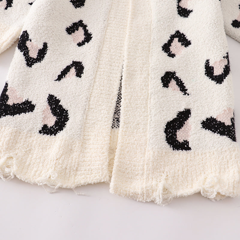 （In Stock L17-2-1）Mommy and Me Leopard White Sweater Cardigan