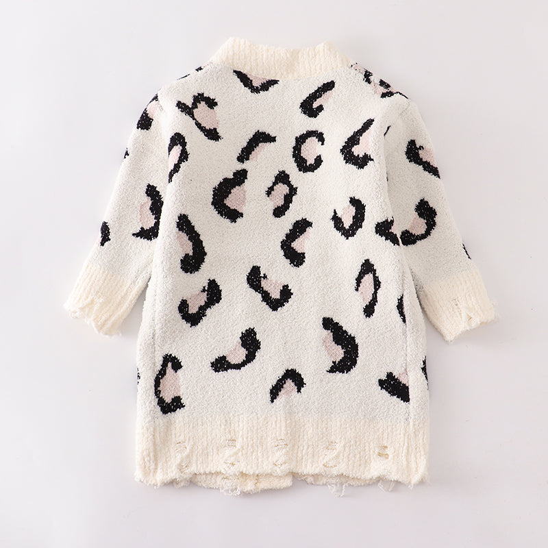 （In Stock L17-2-1）Mommy and Me Leopard White Sweater Cardigan