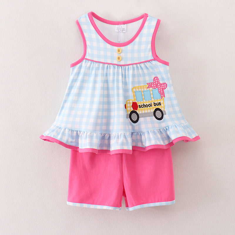 (In Stock E11-3-2)Back To School Bus Embroidery Shorts Set