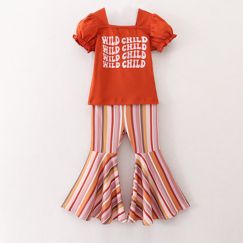 (In Stock E25-3-1)Girls Wild Child Cotton Shirt Stripe Flare Pants Set