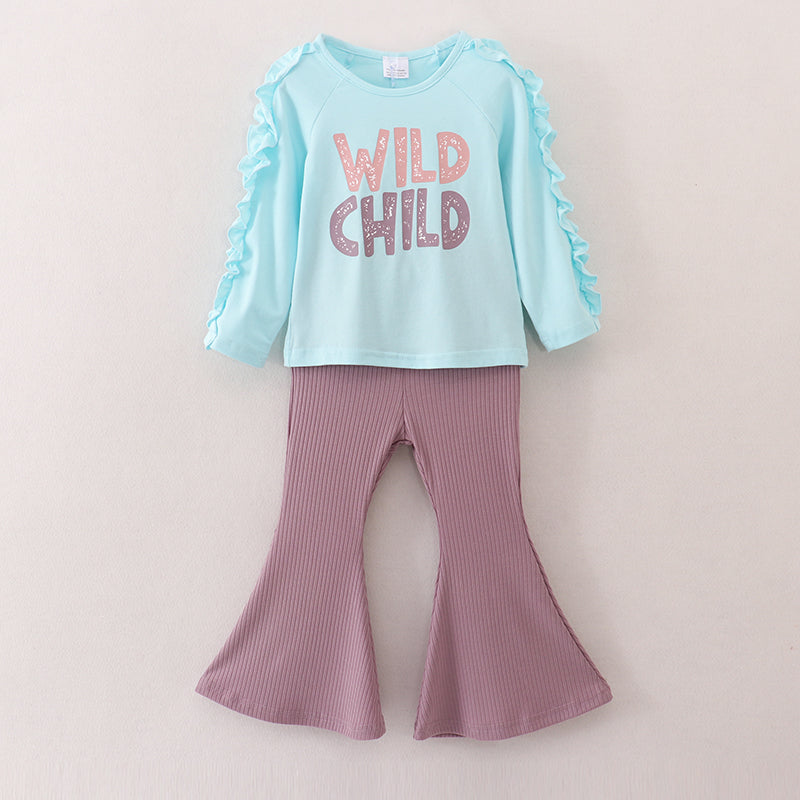 （In Stock E25-1-1）Fall Girls “WILD CHILD” Print Rid Fabric Pants Set