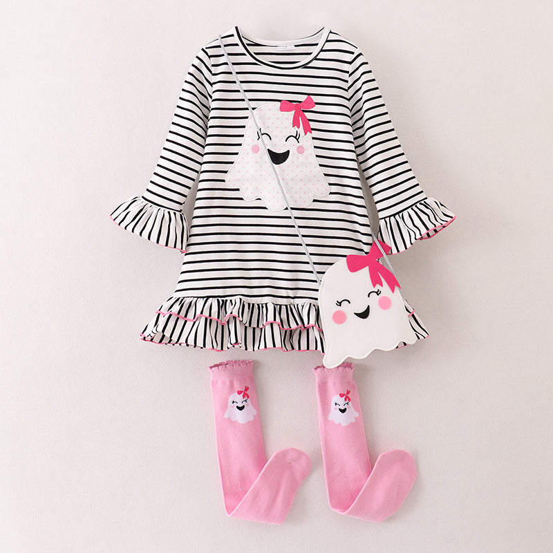 （In Stock G31-1-3）Girls Halloween Applique Dress with bag and socks