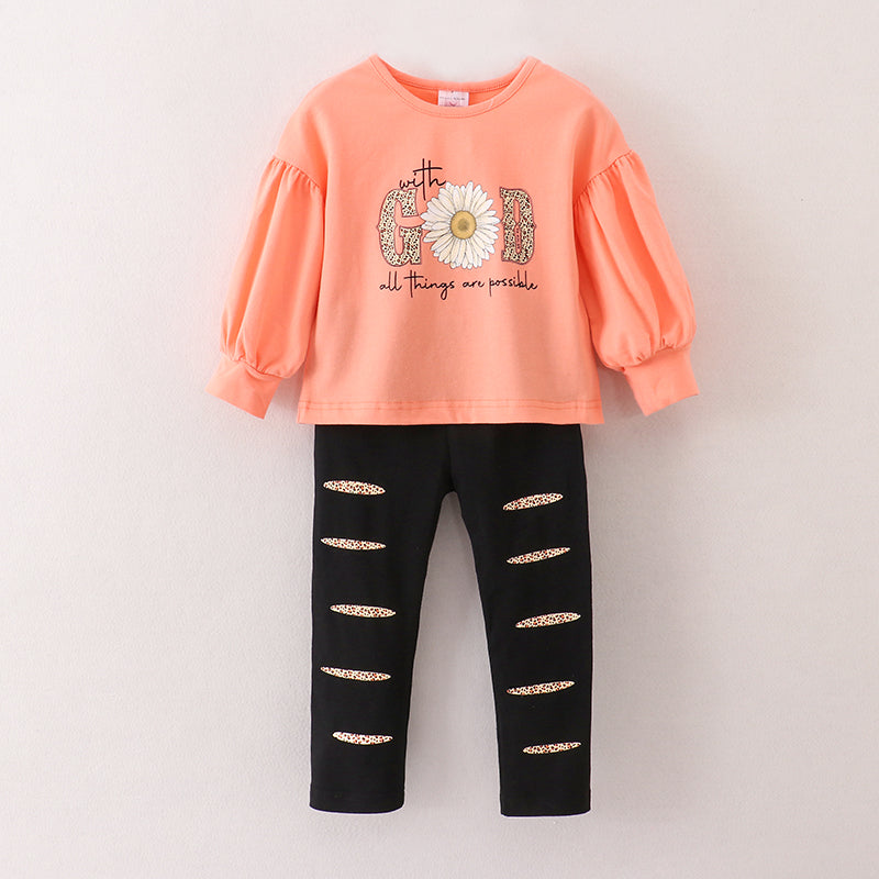 (In Stock E25-1-2)Fall Girls Orange Puff Sleeve Outfit Set