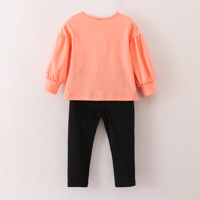 (In Stock E25-1-2)Fall Girls Orange Puff Sleeve Outfit Set