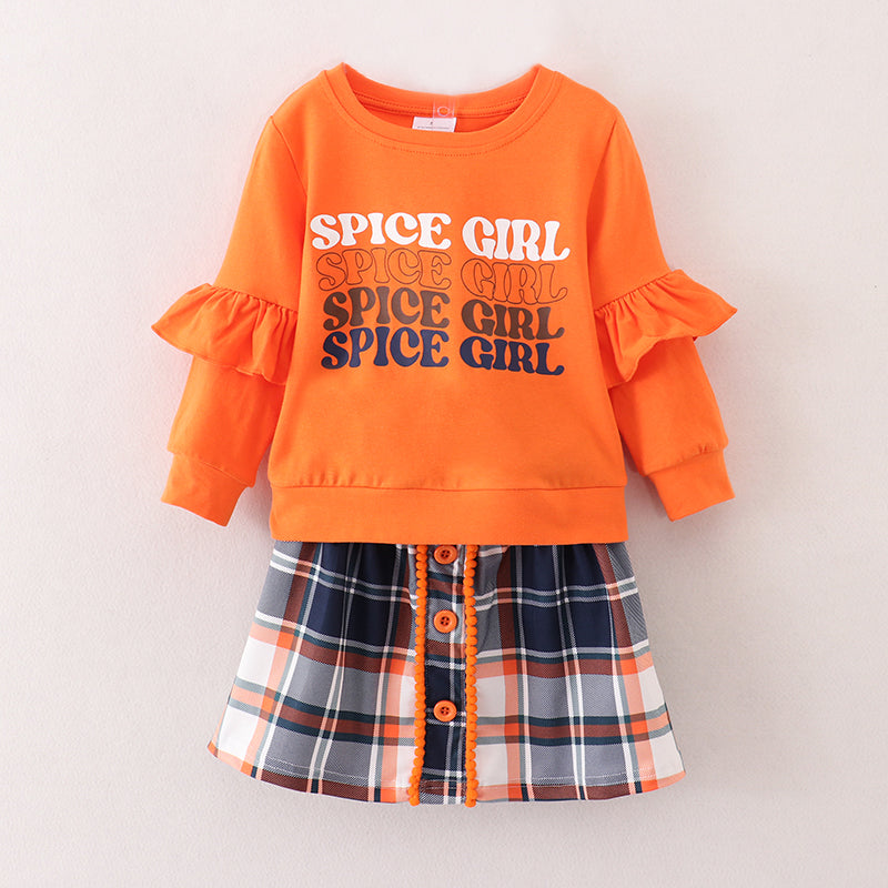 （In Stock E25-4-3）Girls Orange Top Plaid Skirt Set