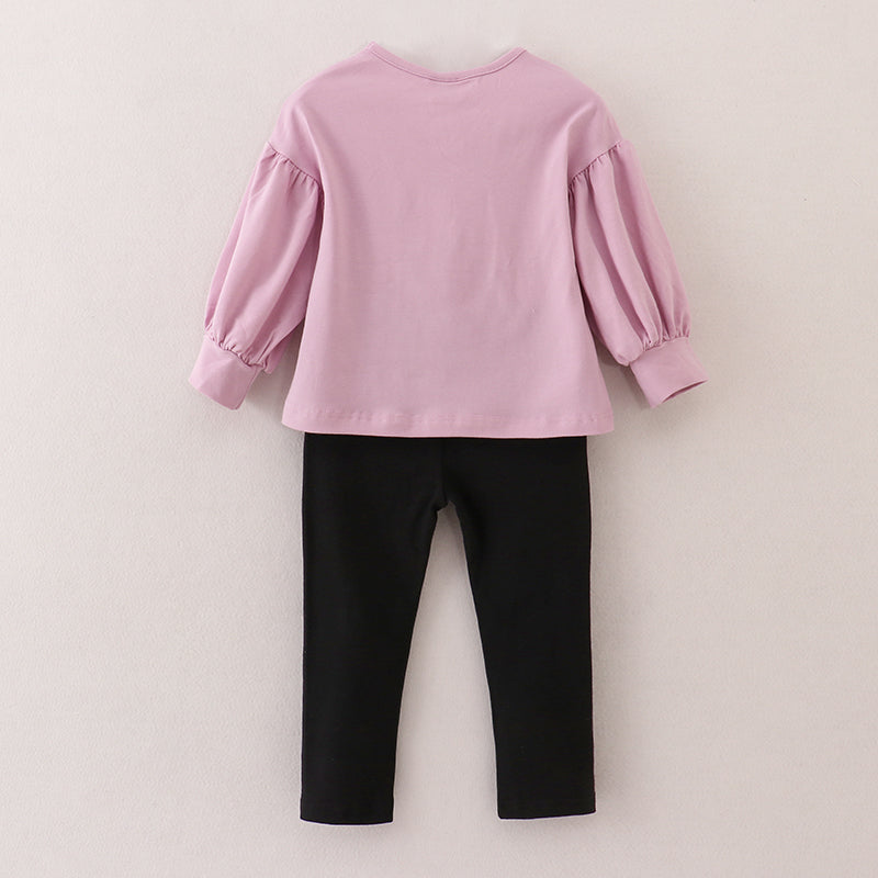 (In Stock E25-2-2)Fall Girls Purple Puff Sleeve Outfit Set