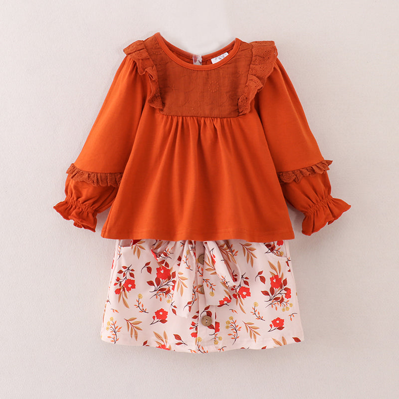 （In Stock E25-4-1）Girls Cotton Top Floral Print Skirt Set