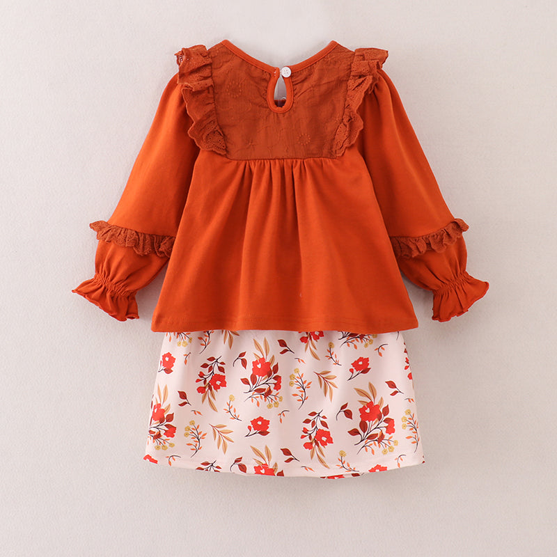 （In Stock E25-4-1）Girls Cotton Top Floral Print Skirt Set