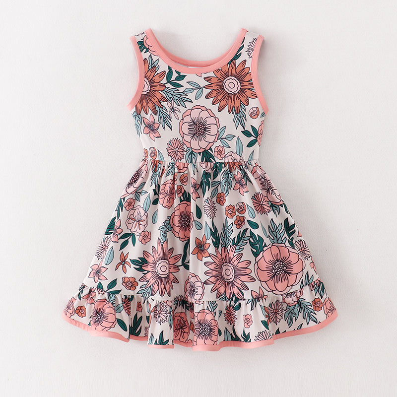 （In Stock A1-6-1）Girls Coral Floral Sleeveless Dress