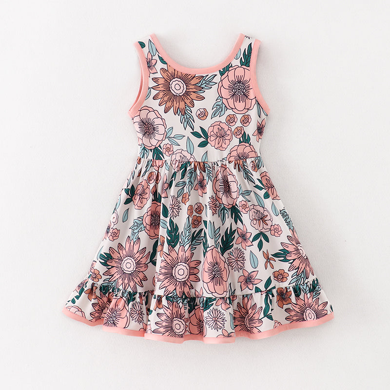 （In Stock A1-6-1）Girls Coral Floral Sleeveless Dress