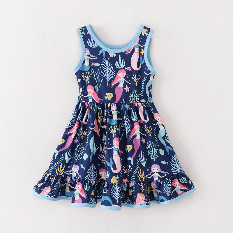 （In Stock A1-6-1）Girls Navy Mermaid Sleeveless Dress