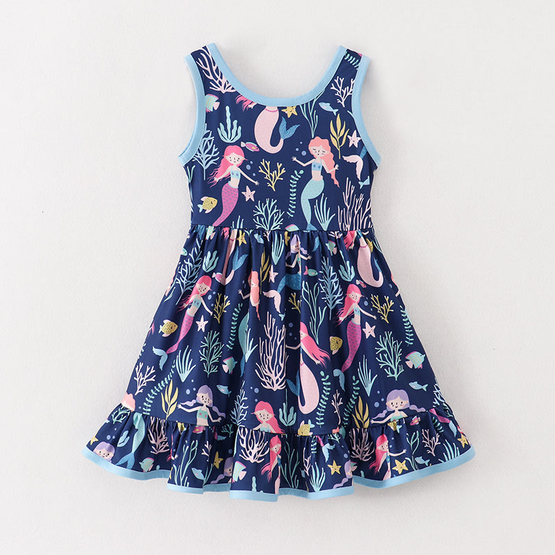 （In Stock A1-6-1）Girls Navy Mermaid Sleeveless Dress