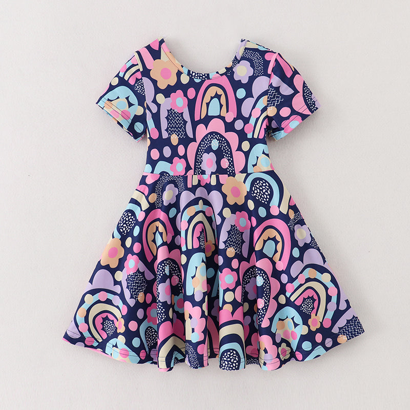 （In Stock A3-4-2）Girls Navy Rainbow Floral Print Twirl Dress