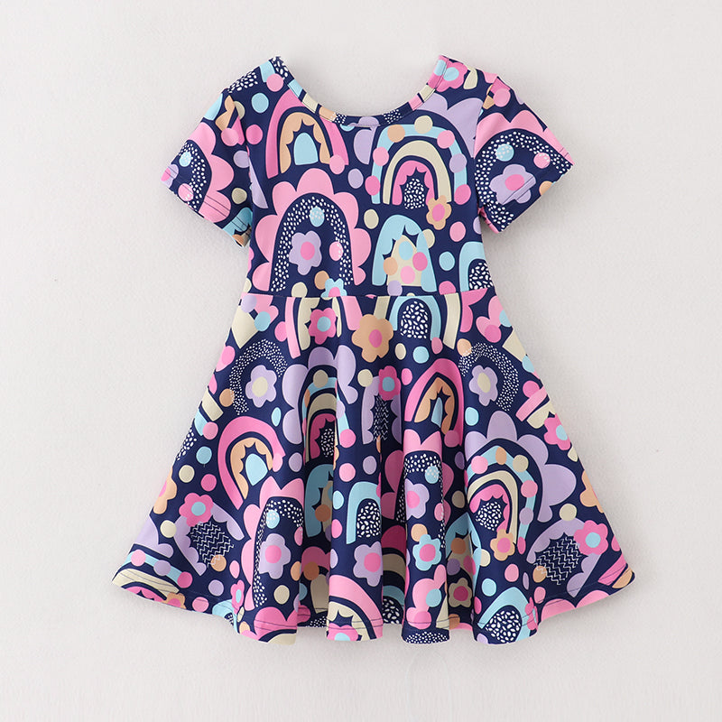 （In Stock A3-4-2）Girls Navy Rainbow Floral Print Twirl Dress