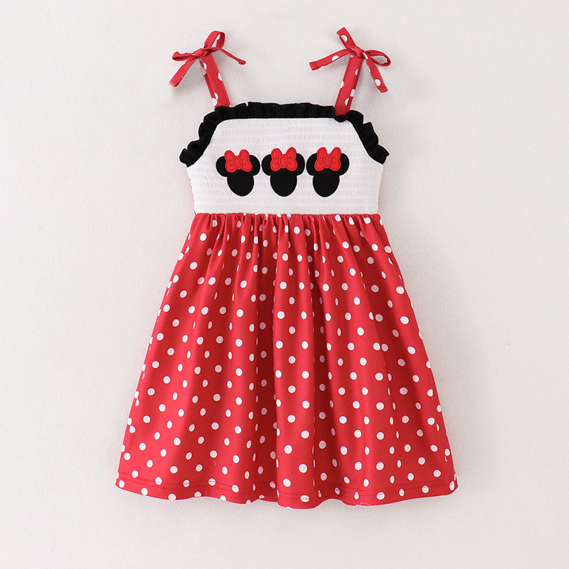 (In Stock A02-02-03)Girls Strap Polka Dot Minnie Embroidery Smocked Dress