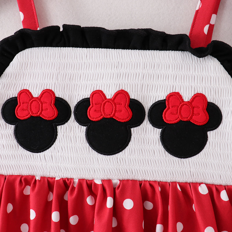 (In Stock A02-02-03)Girls Strap Polka Dot Minnie Embroidery Smocked Dress