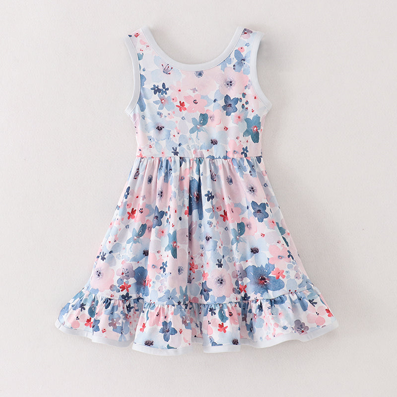 （In Stock A1-6-1）Girls Blue Coral Floral Sleeveless Dress