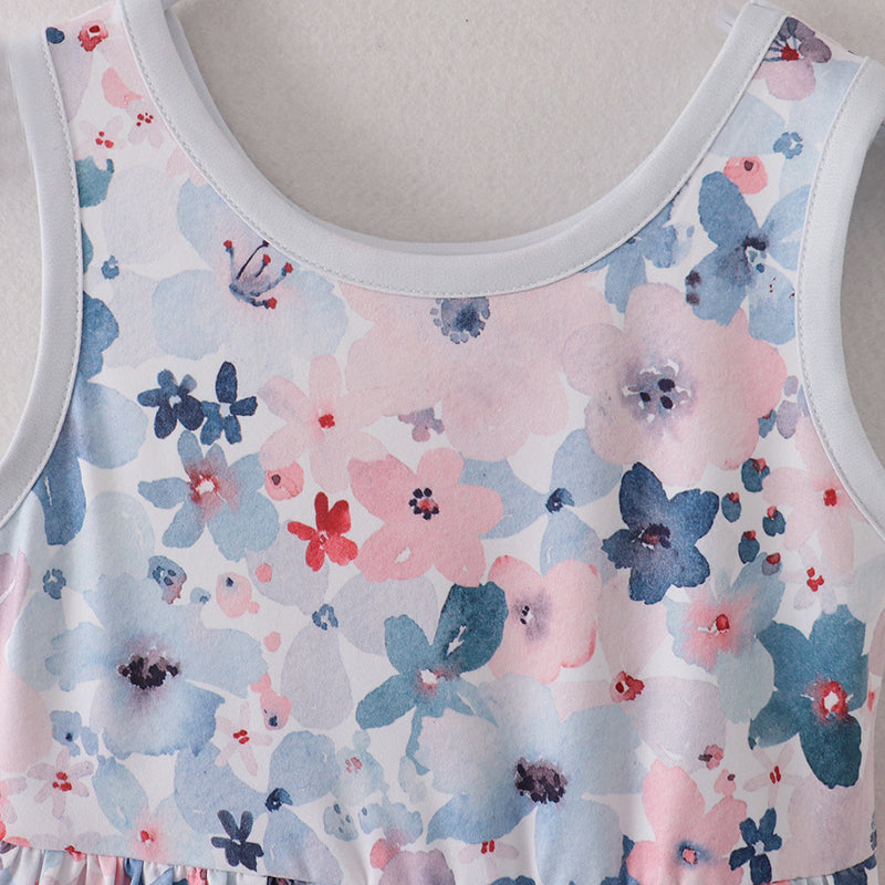 （In Stock A1-6-1）Girls Blue Coral Floral Sleeveless Dress