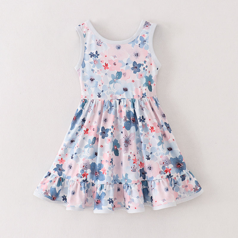 （In Stock A1-6-1）Girls Blue Coral Floral Sleeveless Dress