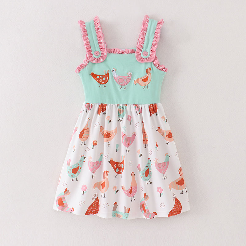 （In Stock A2-4-2）Girls Mint Coral Chicken Embroidery Dress