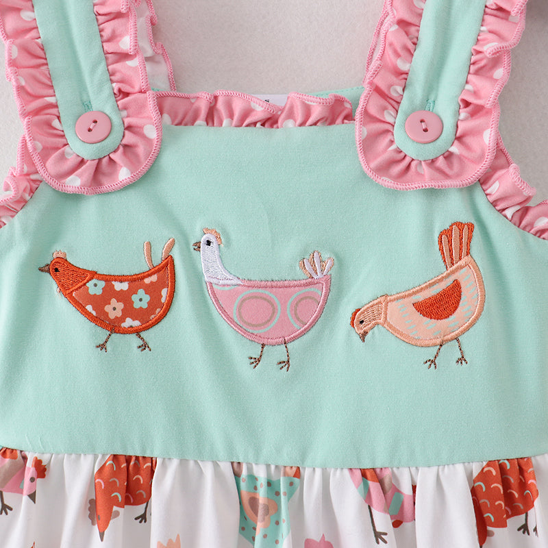 （In Stock A2-4-2）Girls Mint Coral Chicken Embroidery Dress