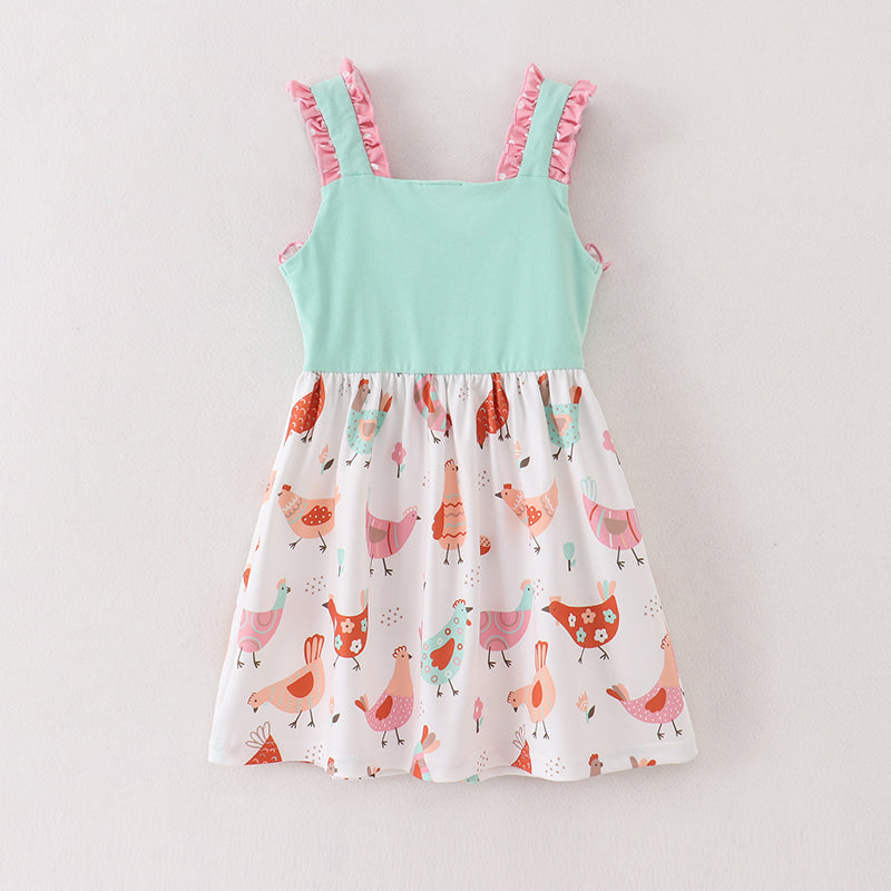 （In Stock A2-4-2）Girls Mint Coral Chicken Embroidery Dress